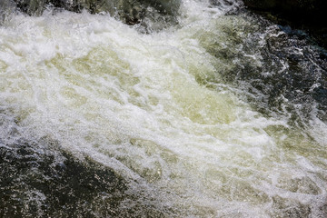 A steep stream of water in a mountain river. Water texture with foam_