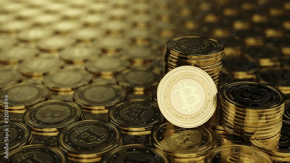 Poster stacks of bitcoins on a surface of more bitcoins. slow dolly forward. 3d rendered