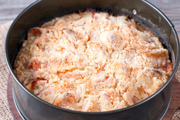 Slices of apricots on dough in a baking dish