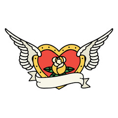 traditional tattoo of a flying heart with flowers and banner