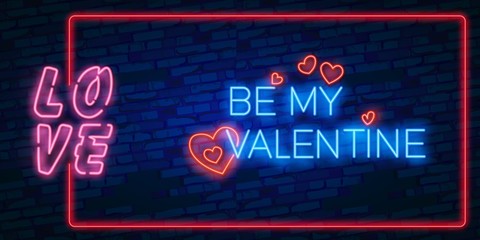 Valentine's Day. Neon frame. Logo, emblem, label. Bright signboard, light banner. Celebration. Love. Neon Heart. Vector images
