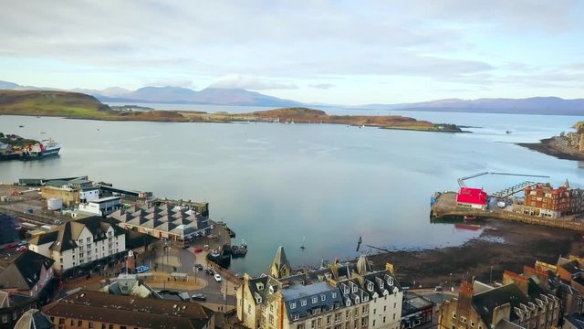 Flying down into Oban, Scotland on Oban Bay. 
4K 29fps