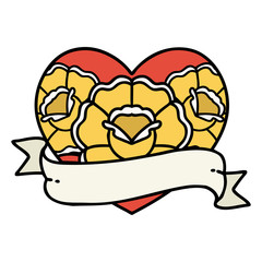 traditional tattoo of a heart and banner with flowers
