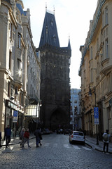 Naklejka premium street in prague with view of powder tower