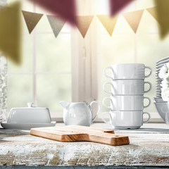 Wooden desk in kitchen and free space for your decoration. Copy space and easter time. 