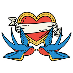 traditional tattoo of a swallows and a heart with banner