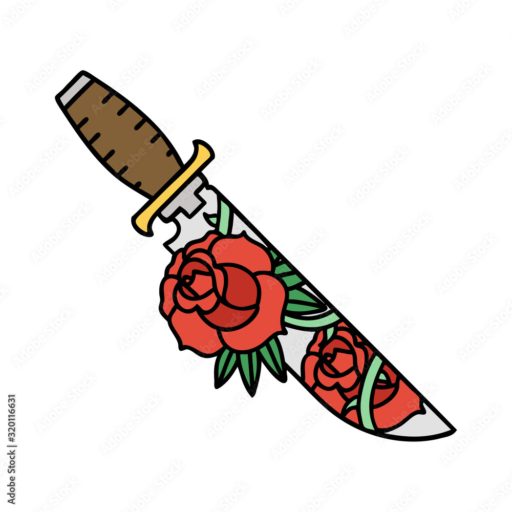 Wall mural traditional tattoo of a dagger and flowers