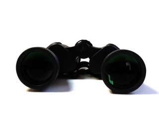 Close-up binoculars on a white background.