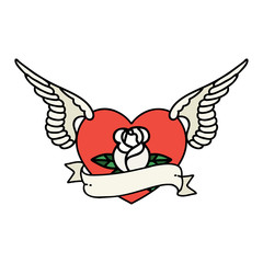 traditional tattoo of a flying heart with flowers and banner