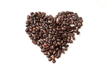 Heart of coffee beans on a white background