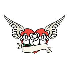 traditional tattoo of a flying heart with flowers and banner