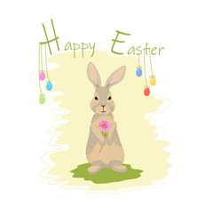 Vector illustration of a bunny holding a flower with Happy Easter text and eggs decoration