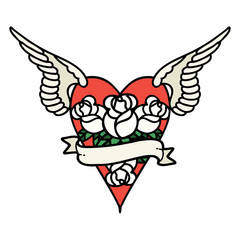 traditional tattoo of a flying heart with flowers and banner