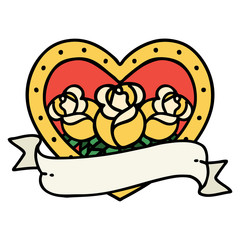traditional tattoo of a heart and banner with flowers