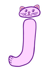 English letter J with cat in doodles style. Kids font vector Illustration on a white background.