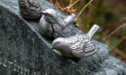 zwei Vögel auf einem Grabstein