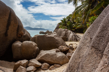 Fototapeta na wymiar Path along the tropical beach Anse Source d'Argent, Seychelles, La Digue Island.
