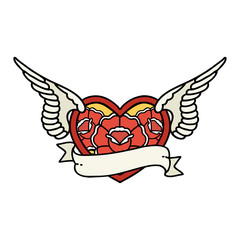 traditional tattoo of a flying heart with flowers and banner