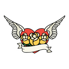 traditional tattoo of a flying heart with flowers and banner
