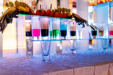 collection of colorful shots with fruits on bar. set of alcohol mini cocktail shooters