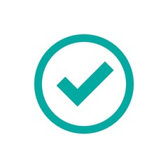 Check Mark. Valid Seal icon. white squared tick in blue circle. Flat OK sticker icon. Isolated on white.