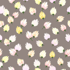 Obraz na płótnie Canvas Light yellow, orange, pink flowers on coffee color background. Seamless beautiful spring pattern. Suitable for packaging, textile, wallpaper.