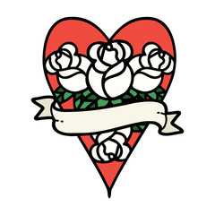 traditional tattoo of a heart and banner with flowers