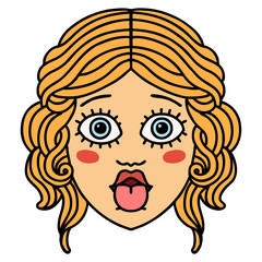 traditional tattoo of female face sticking out tongue