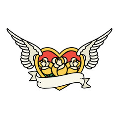 traditional tattoo of a flying heart with flowers and banner