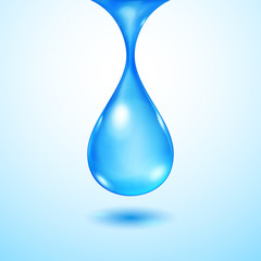 One big realistic translucent water drop in blue colors with shadow