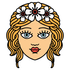traditional tattoo of female face with crown of flowers