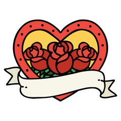 traditional tattoo of a heart and banner with flowers