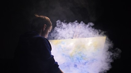 Artist copyist paint seascape with ship in ocean. Vaper smoke vape e-cigarette. Craftsman decorator...