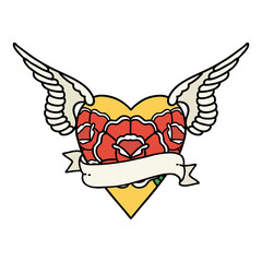 traditional tattoo of a heart with wings flowers and banner