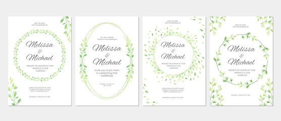 Wedding invitation with green leaves border. Floral invite modern card template set. Vector illustration.