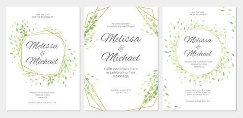 Wedding invitation with green leaves border. Floral invite card template set. Vector illustration..