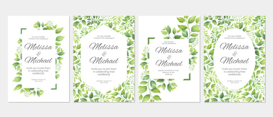 Wedding invitation with green leaves border. Floral invite card template set. Vector illustration.