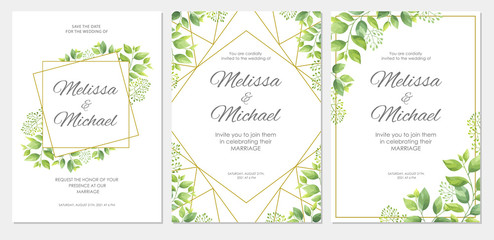 Fototapeta na wymiar Wedding invitation with green leaves border. Floral invite card template set. Vector illustration..