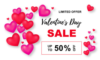 Valentine's Day Sale poster. Background wiht 3d Mesh hearts. Up to 50 off. Vector Illustration with Seasonal Offer.