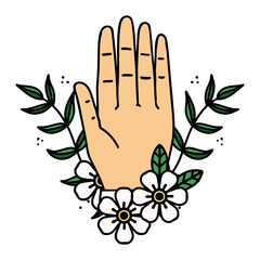 traditional tattoo of a hand and flower