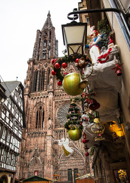 Cathedral view at Christmas old district of Strassburg in Alsace.
