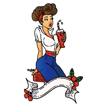 tattoo of a pinup girl drinking a milkshake with banner