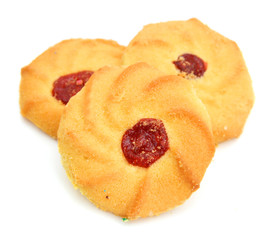 Strawberry biscuit on white reflective background.