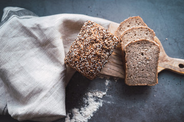 Bio buckwheat bread with chia and sunflower seeds. Top view.