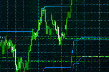 Stock market chart, graph on black background. Stock diagram on the screen. Display of quotes pricing graph visualization.
