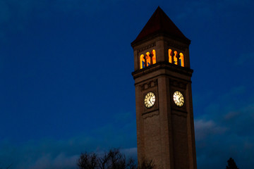 The Great Northern Clock Tower at night in Riverfront Park in Spokane, Washington USA