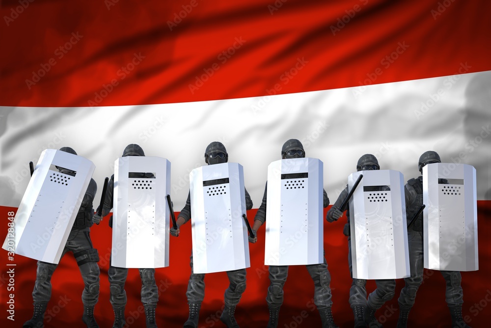 Wall mural Austria protest fighting concept, police squad protecting order against demonstration - military 3D Illustration on flag background