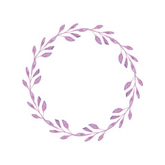 Wreath of watercolor purple leaves on a white background. Use for wedding invitations, birthdays, menus and decorations
