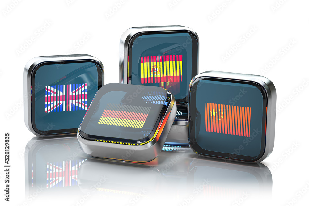 Poster foreign languages learning or translation concept. icon boxes with flags isolated on white. learning