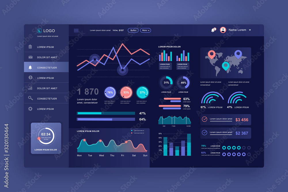 Leinwandbilder Dashboard UI. Admin panel vector design template with infographic elements, HUD diagram, info graphics. Website dashboard for UI and UX design web page. Dark style. Vector illustration.